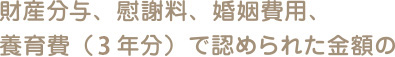 財産分与、慰謝料、婚姻費用、養育費（２年分）で認められた金額の