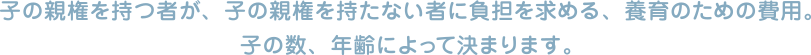 子の親権を持つ者が、子の親権を持たない者に負担を求める、養育のための費用。子の数、年齢によって決まります。
