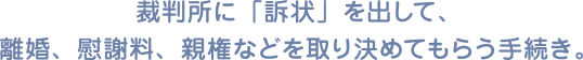 裁判所に「訴状」を出して、離婚、慰謝料、親権などを取り決めてもらう手続き。