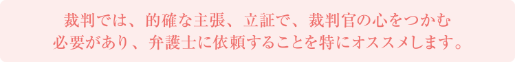 裁判では、的確な主張、立証で、裁判官の心をつかむ必要があり、弁護士に依頼することを特にオススメします。